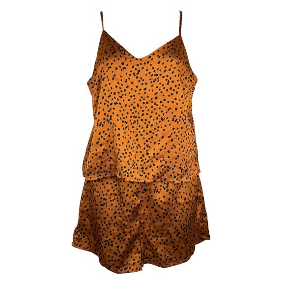 Crescent Silky Satin Pajama Cami Tank Shorts Set Loungewear Orange Black Small - Picture 1 of 7